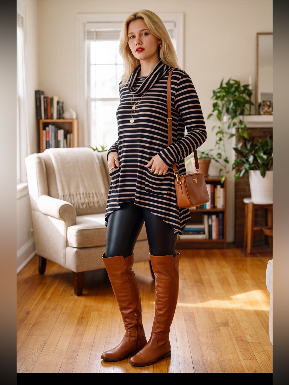 VENUS Black & Cream Striped Cowl Neck Tunic